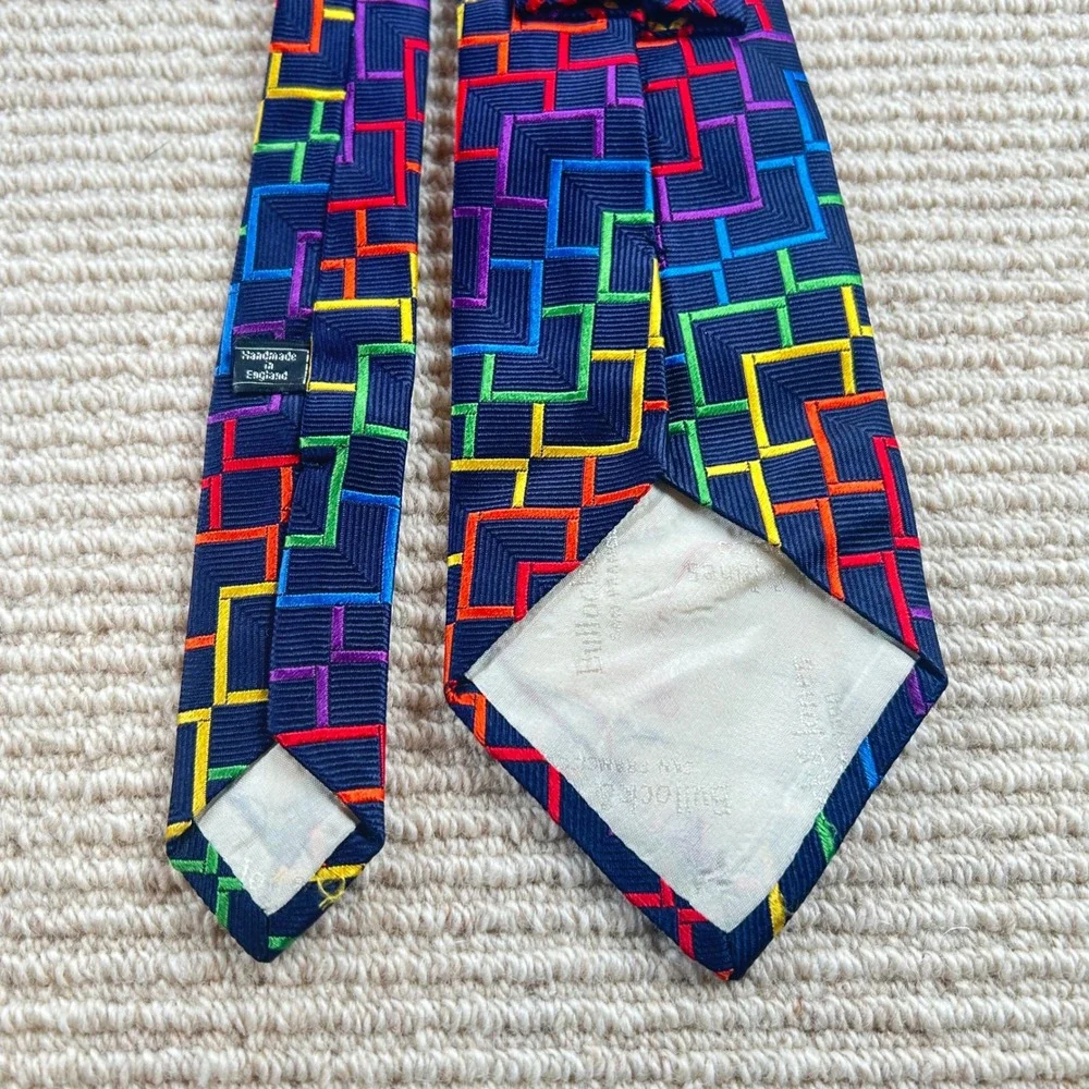 Vintage Bullock & Jones Silk Tie Mens OS Navy Rainbow Geometric Maze Handmade UK